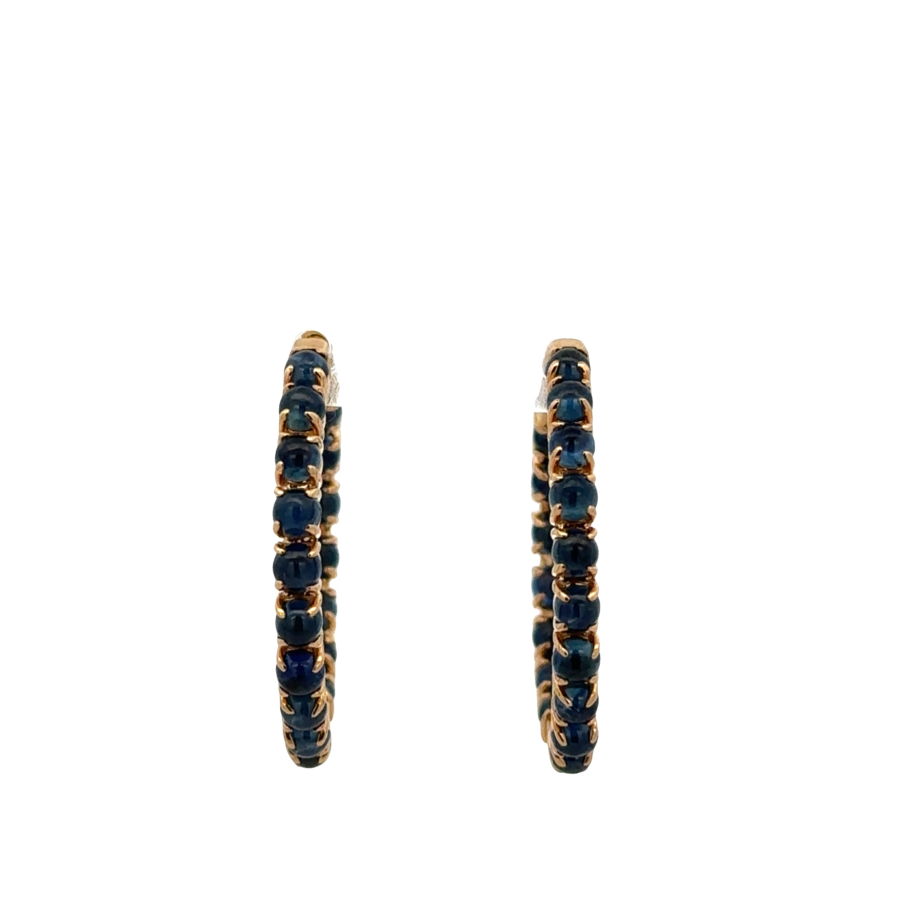 18k Yellow Gold Hoop Earrings with 6.08 CTW Blue Sapphire Cabochons – 1-1/8" Tall