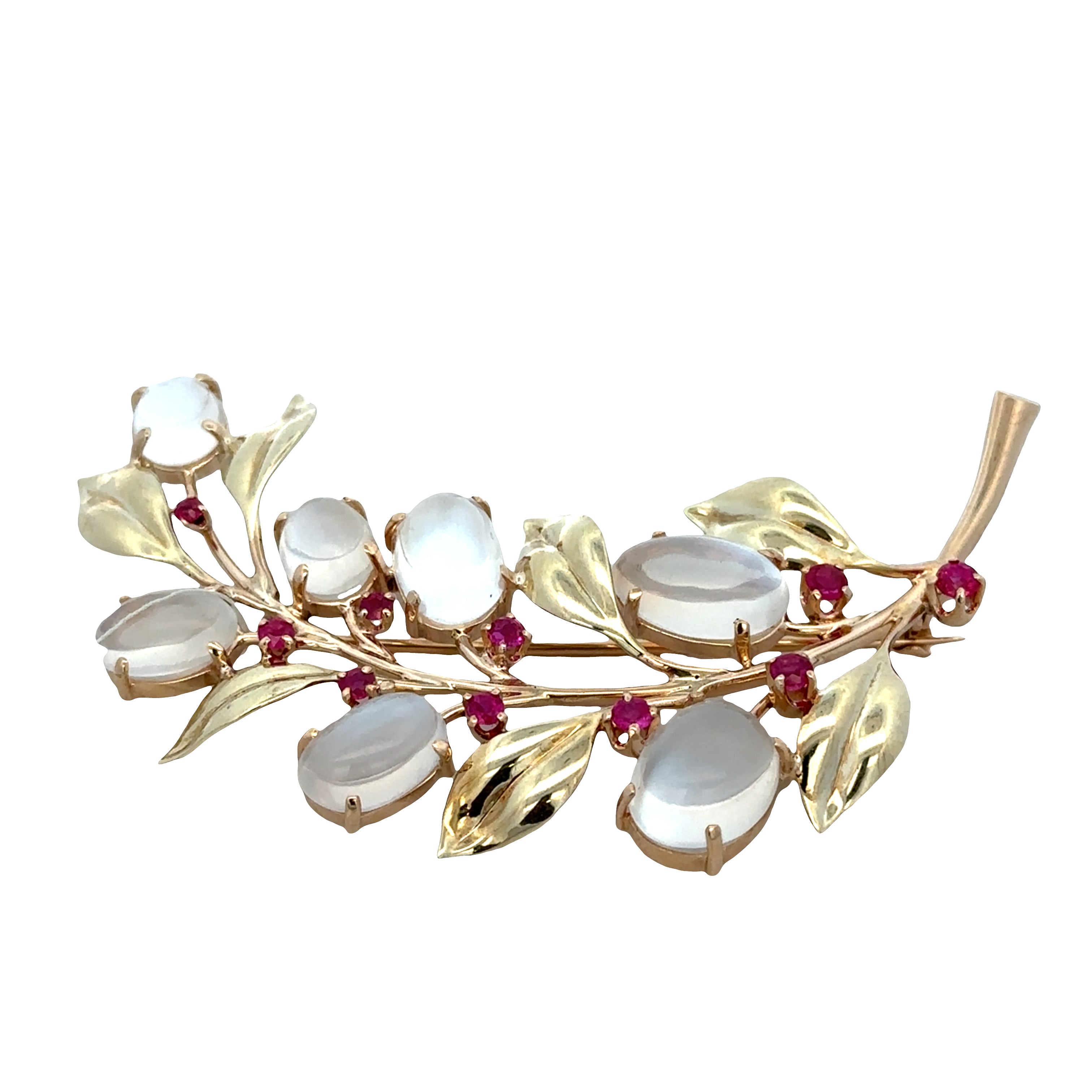 Retro 14k Yellow Gold Moonstone & Ruby Foliate Brooch – Circa 1940s–50s