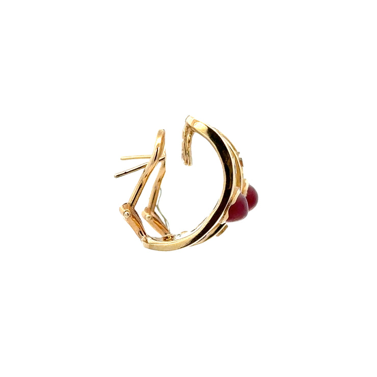 Etruscan Ruby Cabochon and Diamond Huggie Earrings in Yellow Gold