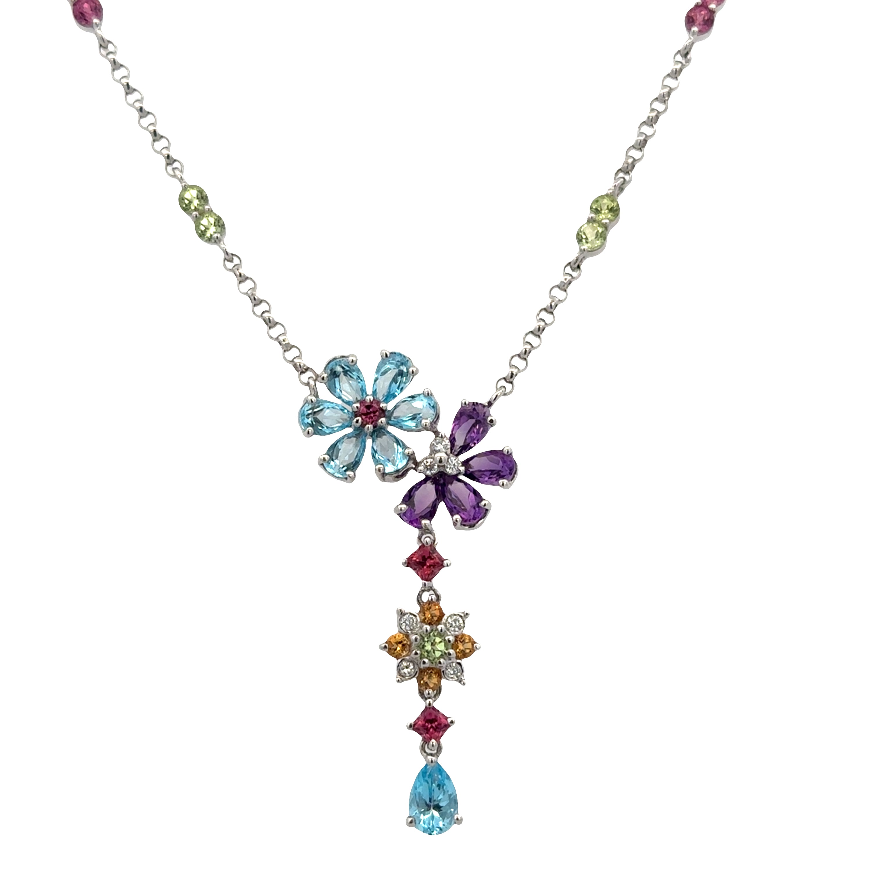 18k White Gold Multi Gemstone & Diamond Floral Drop Necklace – 15.5 Inches