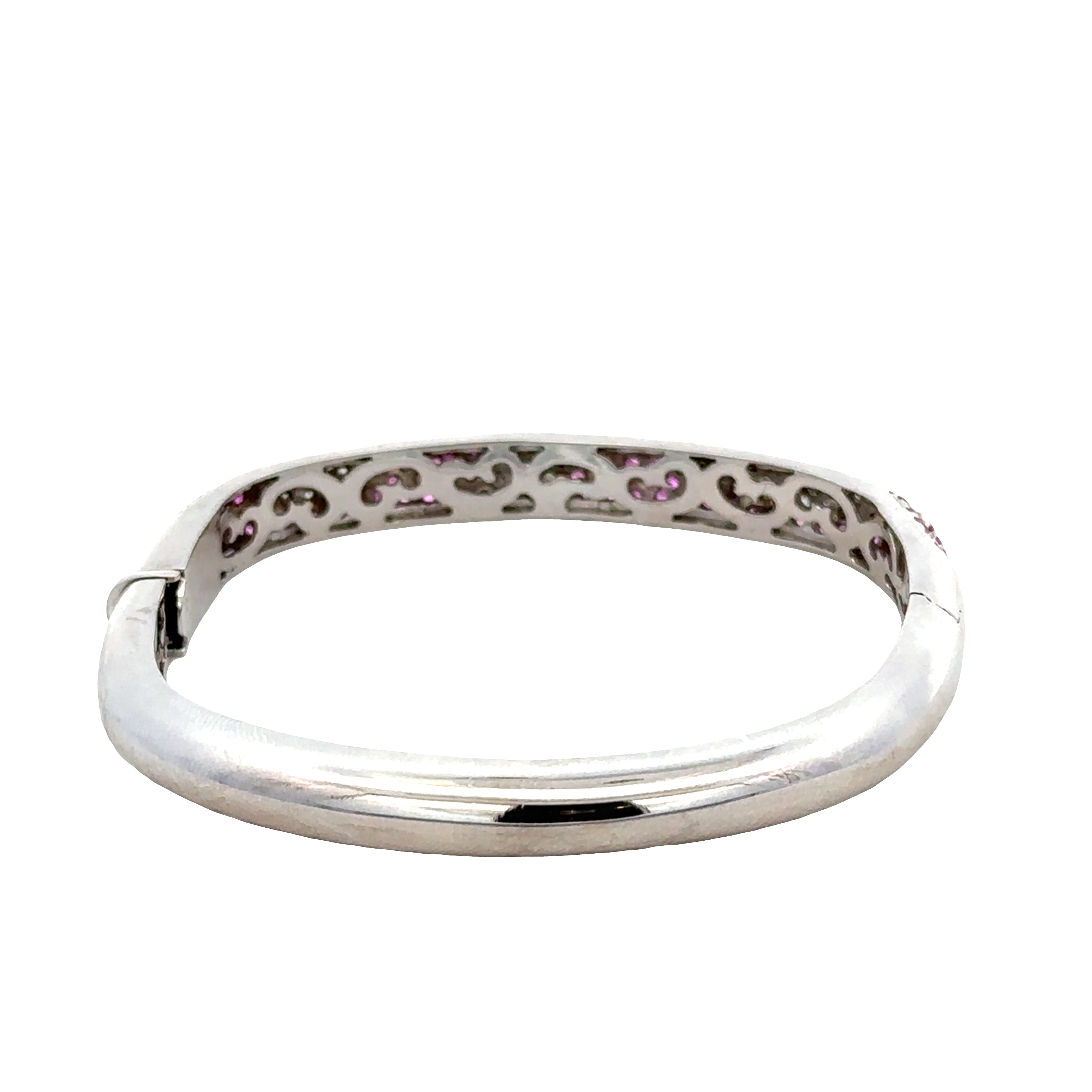 Estate 18k White Gold Pink Sapphire & Diamond Swirl Bangle – Fits 6"–6.75" Wrist