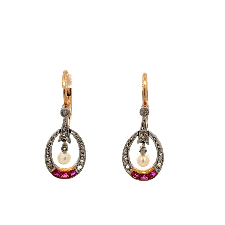 Edwardian Inspired Ruby, Diamond, and Pearl Earrings in Platinum & 18k Yellow Gold