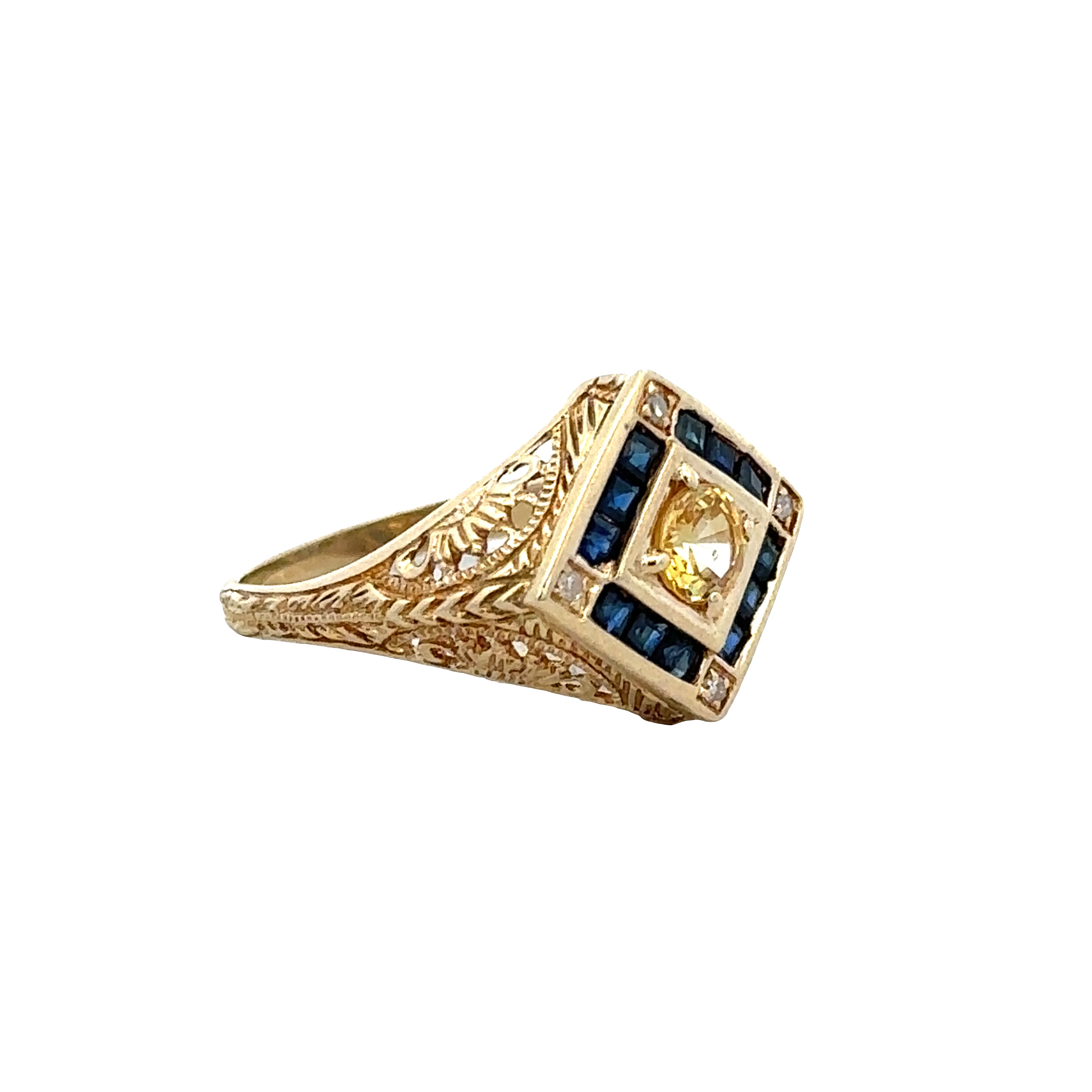 14k Yellow Gold Art Deco Inspired Sapphire & Diamond Ring – Size 5.5