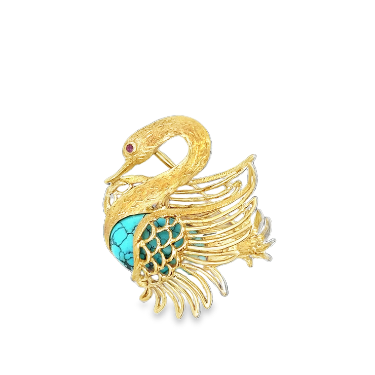 Vintage Turquoise Swan Brooch in 18k Yellow Gold