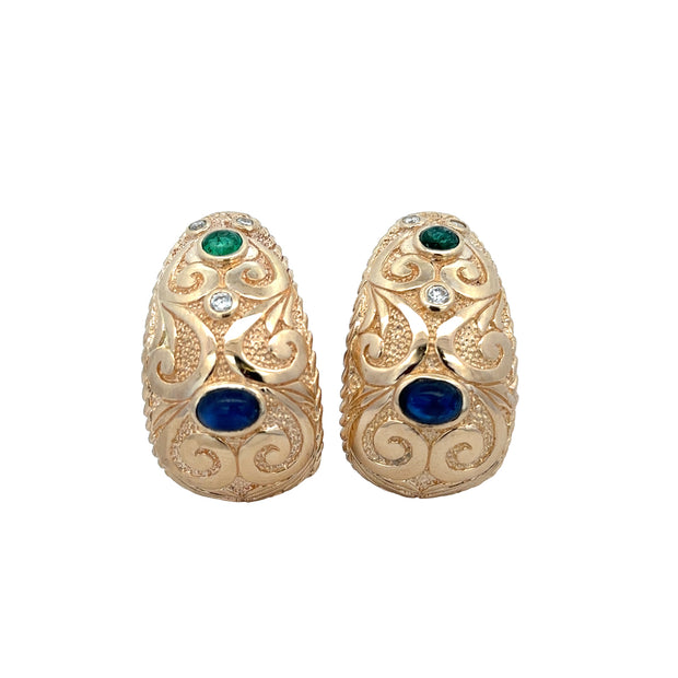 Clip-on Earrings with Emeralds, Sapphries, and Diamonds