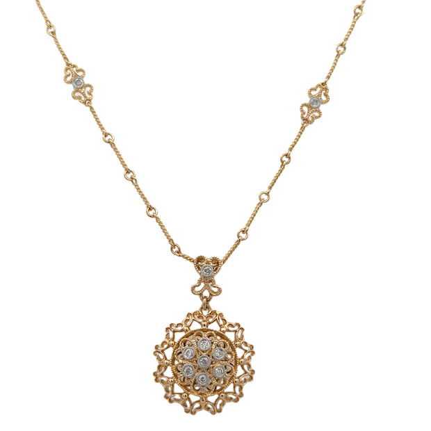 Openwork Diamond Accented Circular Station Necklace in Yellow Gold