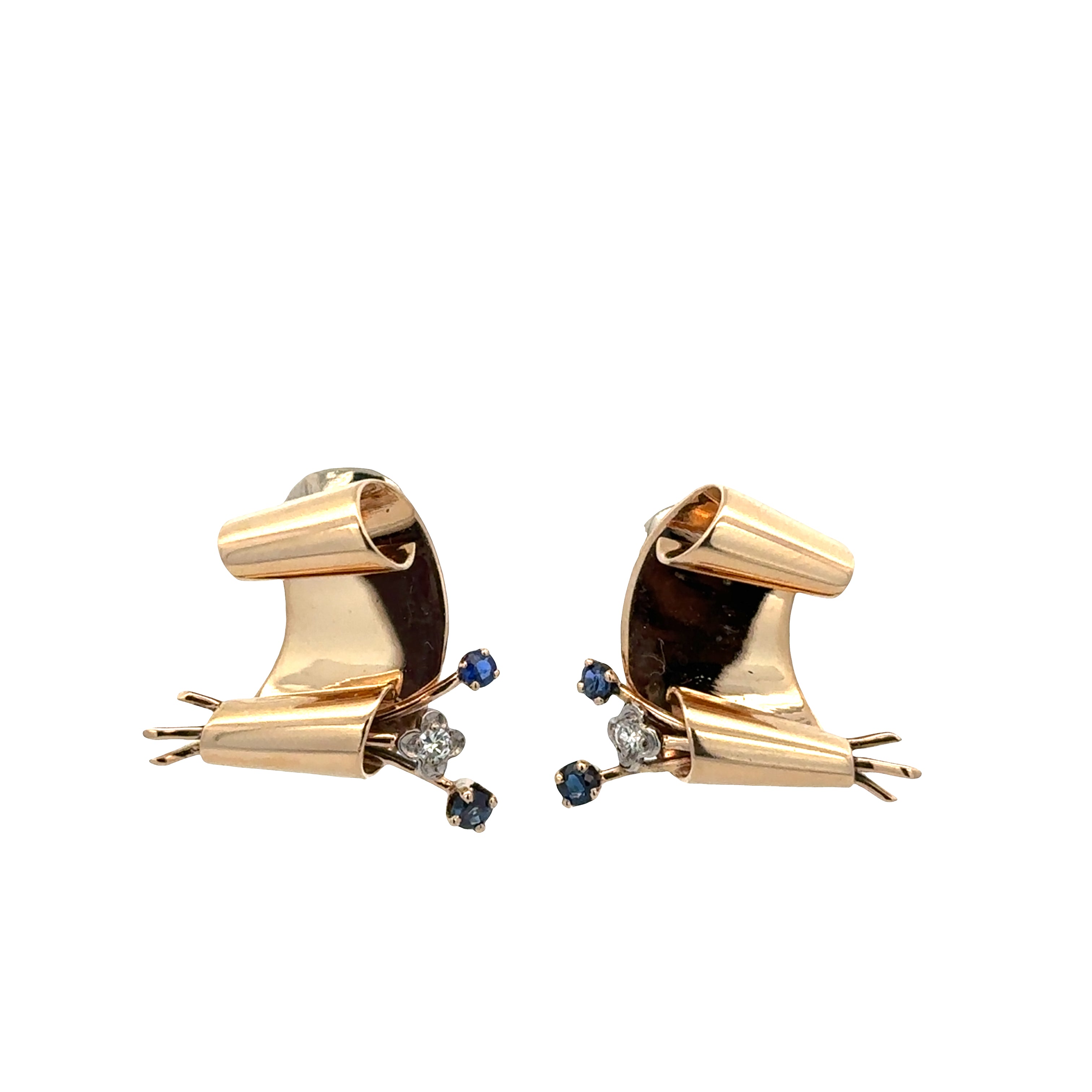 Vintage Retro Sapphire and Old European Cut Diamond Scroll Earrings  in Yellow Gold