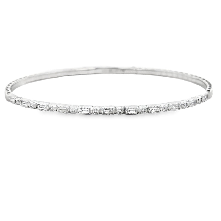 Flexible Baguette and Round Cut Diamond Bangle in White Gold