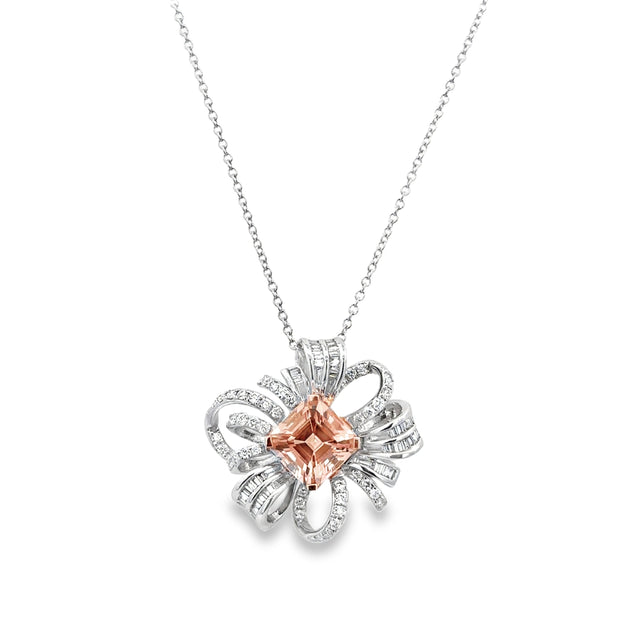 Vintage Inspired Morganite and Diamond Pendant in White Gold