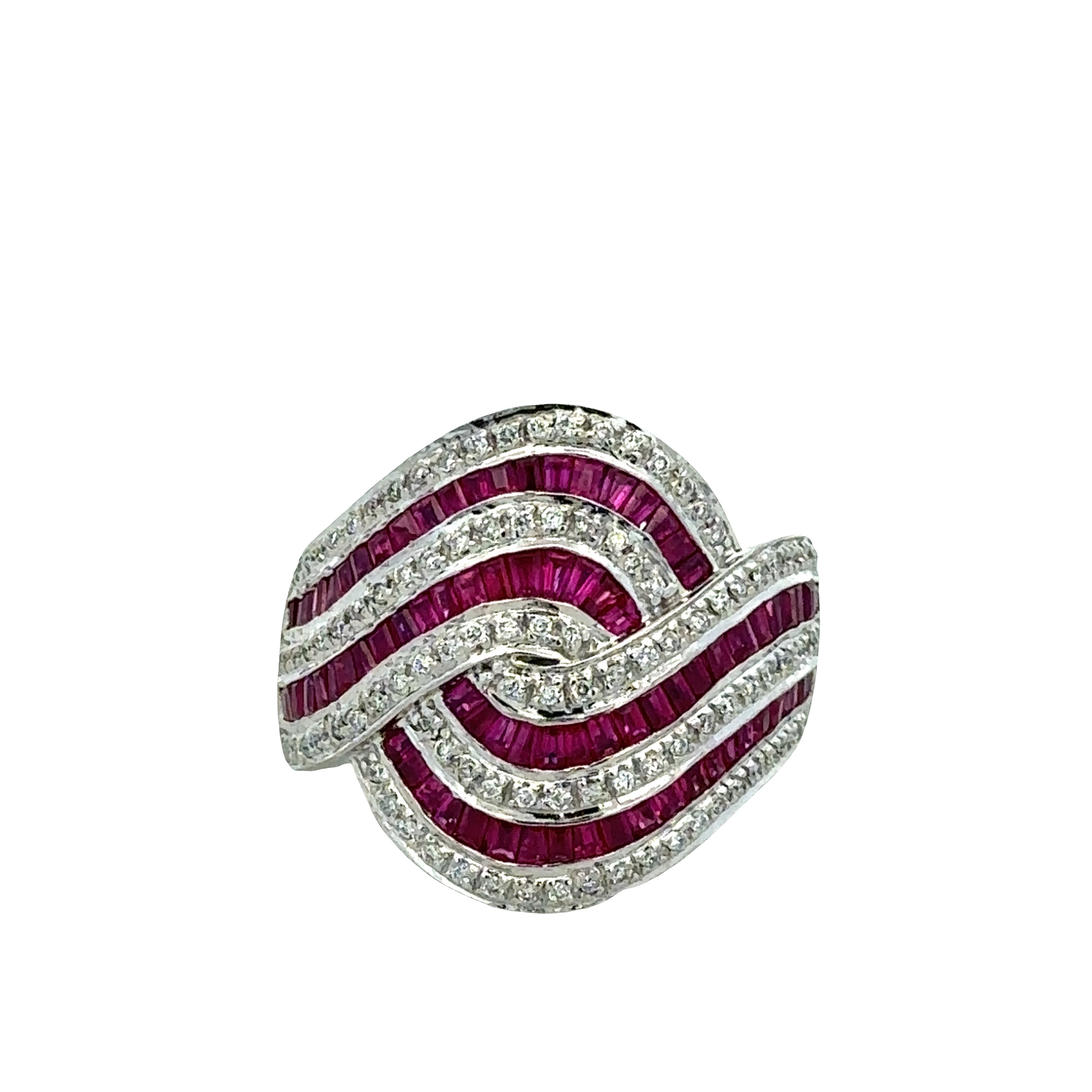 14k White Gold Ruby & Diamond Swirl Statement Band – 3.01 CTW– Size 7