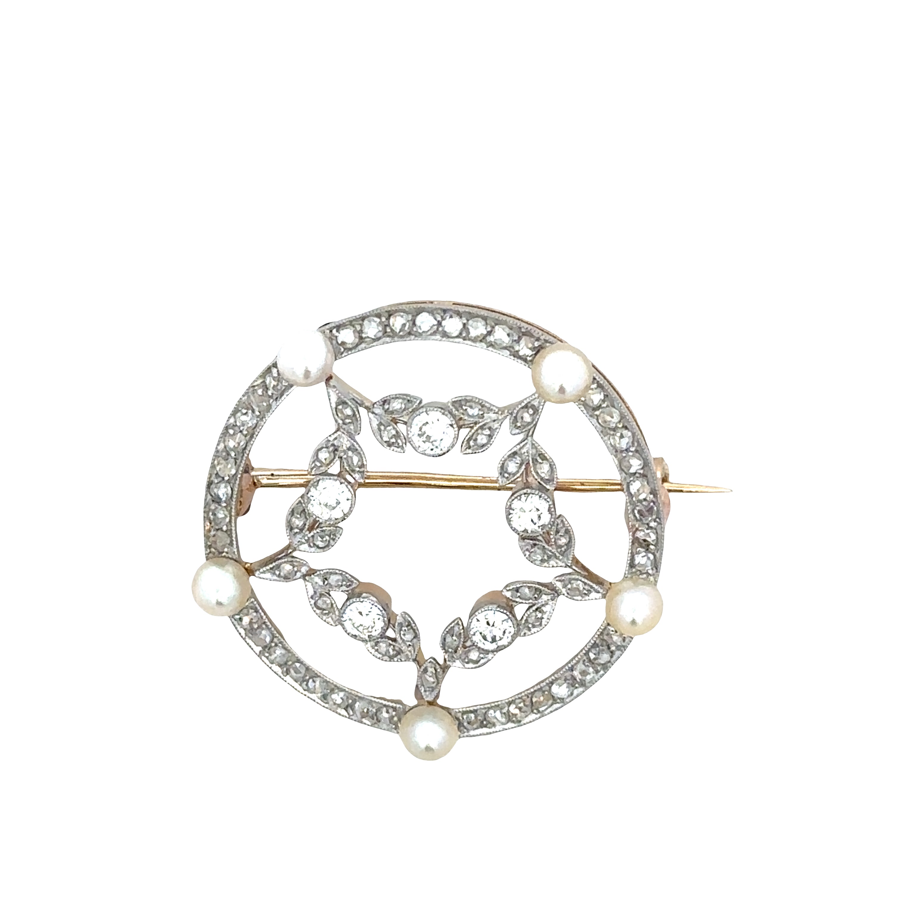 Antique Edwardian 18k Yellow Gold & Platinum Diamond and Pearl Brooch