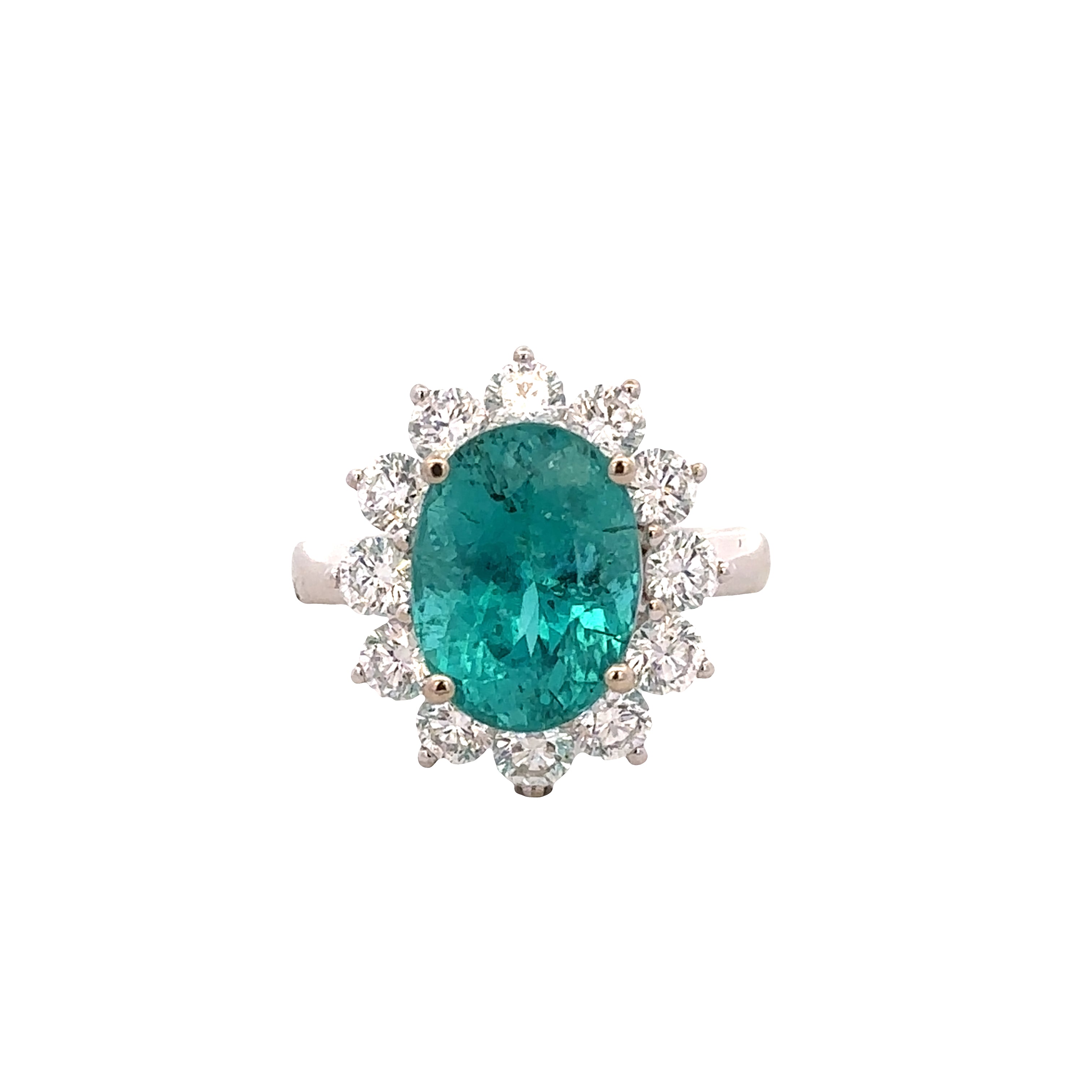 18k White Gold Ring with 5.28 CT Oval Paraiba Tourmaline and 1.54 CTW Diamond Starburst Halo – Size 6.75