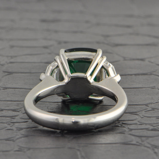 Emerald and Half-Moon Cut Diamond Ring in Platinum