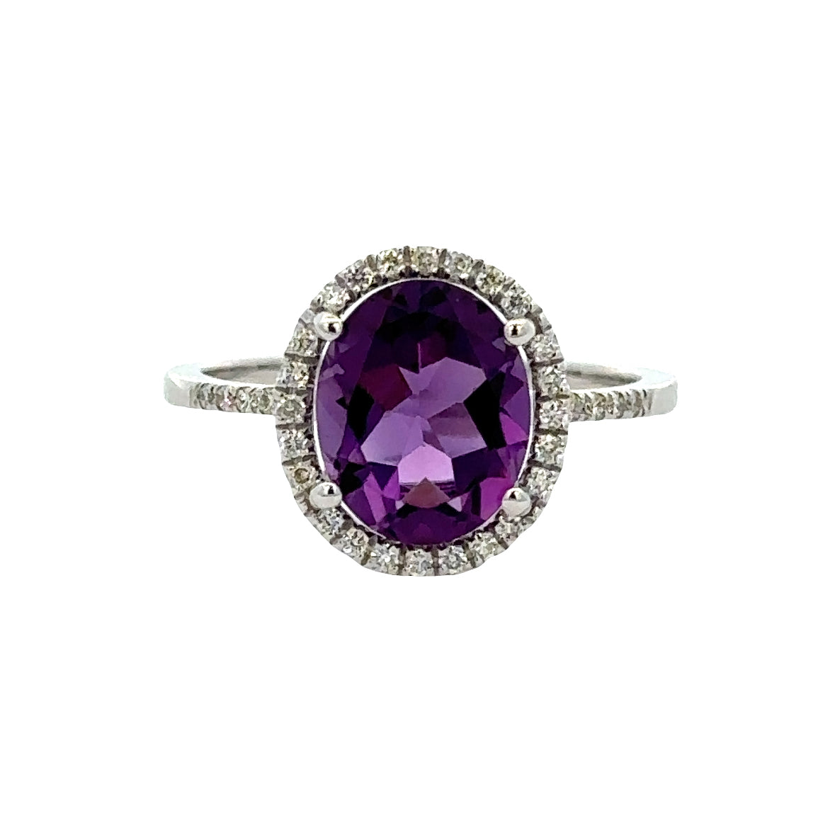 Amethyst and Diamond Halo Ring in White Gold