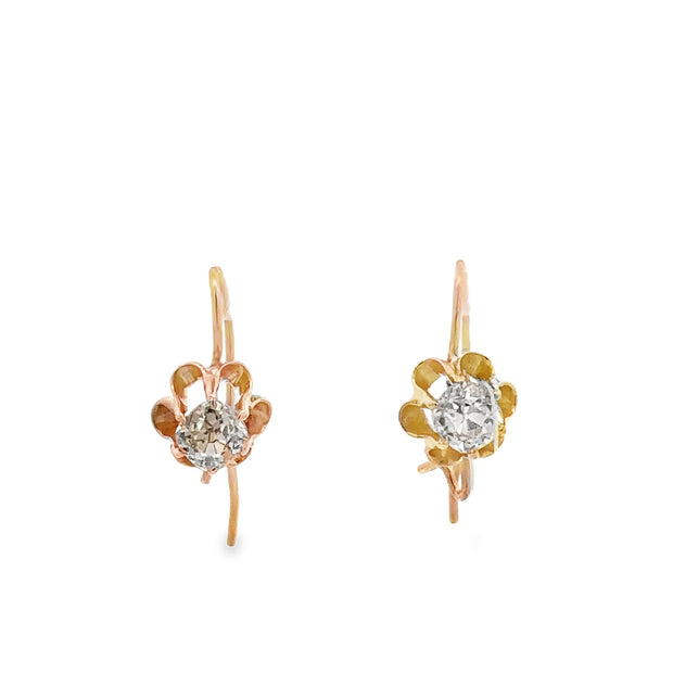 Antique Old Mine Cut Diamond Buttercup Earrings in Yellow Gold
