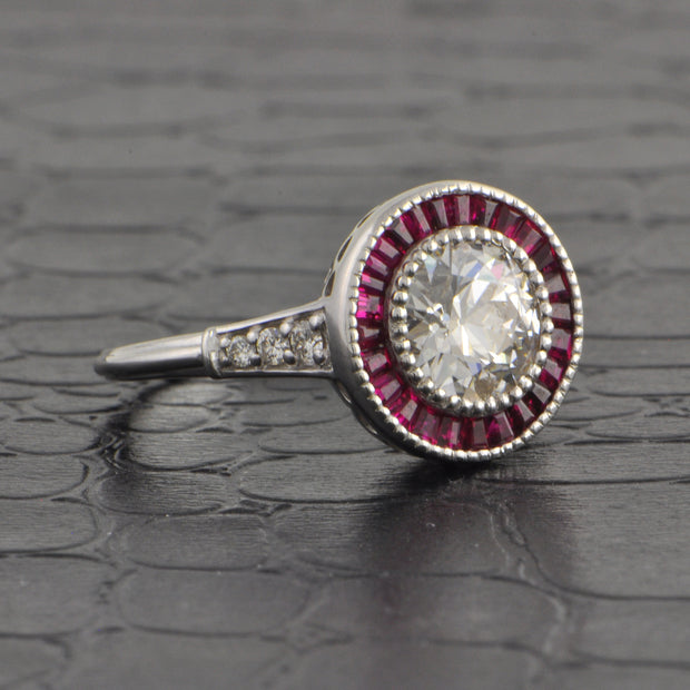 Art Deco Inspired 1.50 Old European Cut Diamond and Ruby Bullseye Ring in 18k White Gold