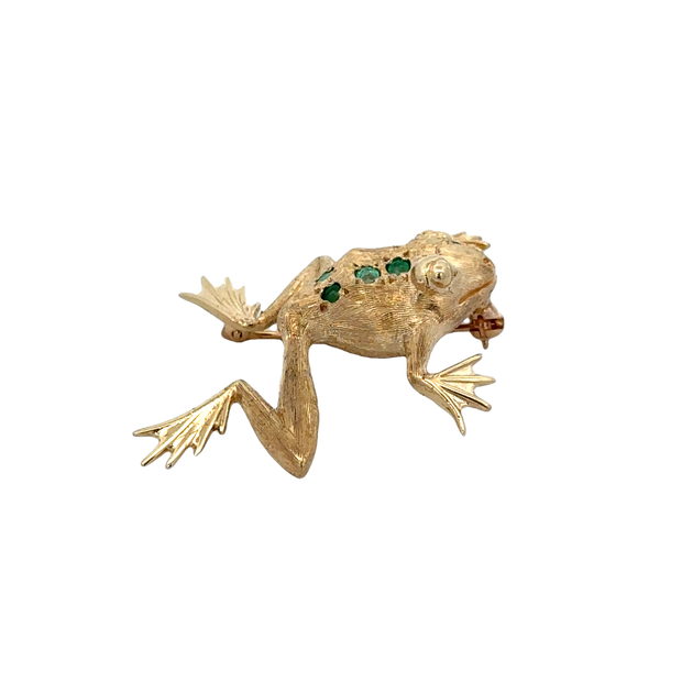 Vintage Emerald Frog Brooch in Yellow Gold