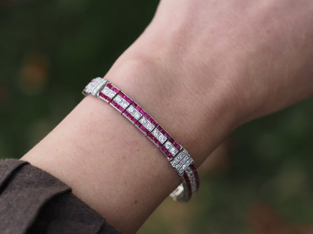 Antique Tiffany & Co. Art Deco No-Heat Burmese Ruby and Old European Cut Diamond Bracelet in Platinum