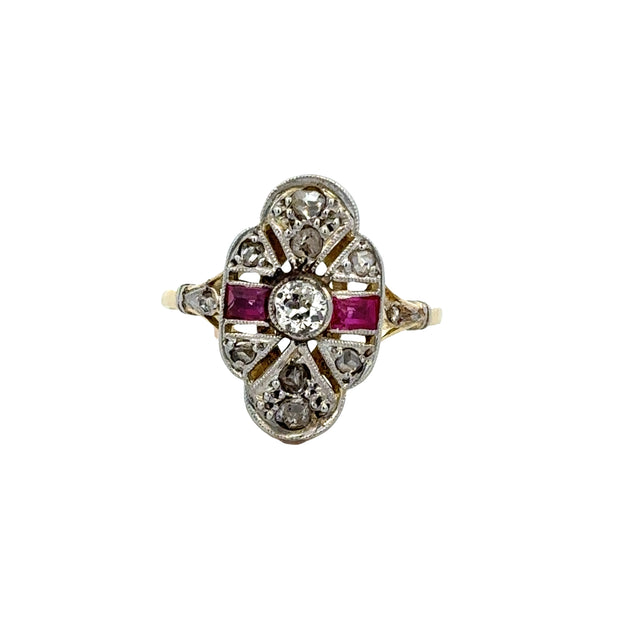 Vintage Art Deco Shield Style Ring with Rose Cut Diamonds and Synthetic Rubies