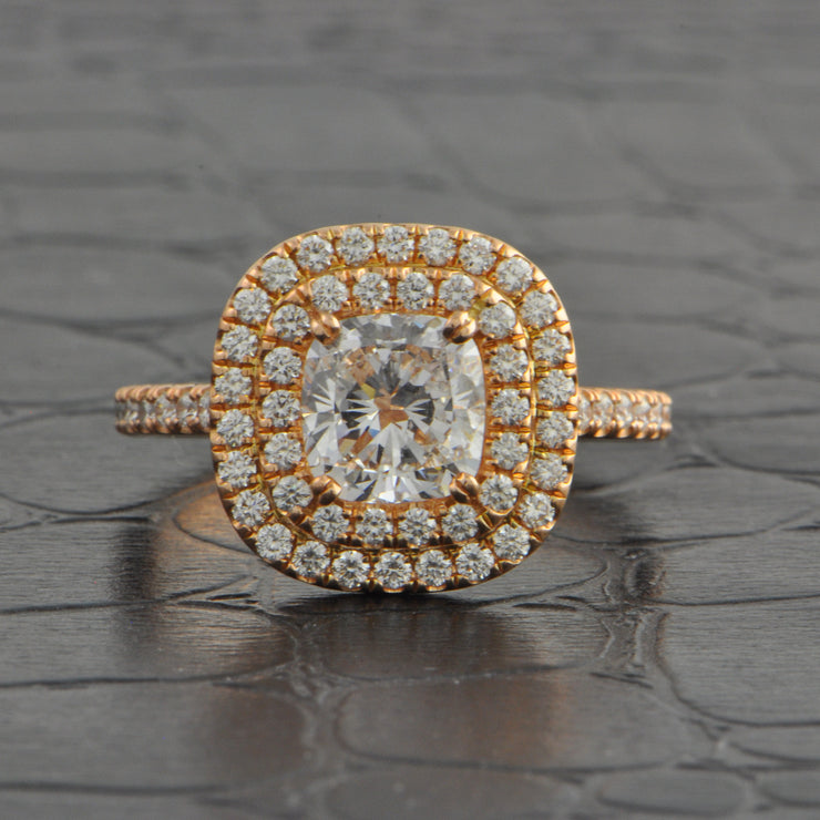GIA 1.41 D-VS2 Cushion Cut Diamond Halo Engagement Ring in Rose Gold