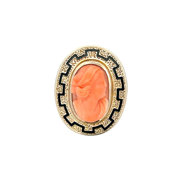 Vintage Enameled Coral Cameo Brooch / Pendant in Yellow Gold