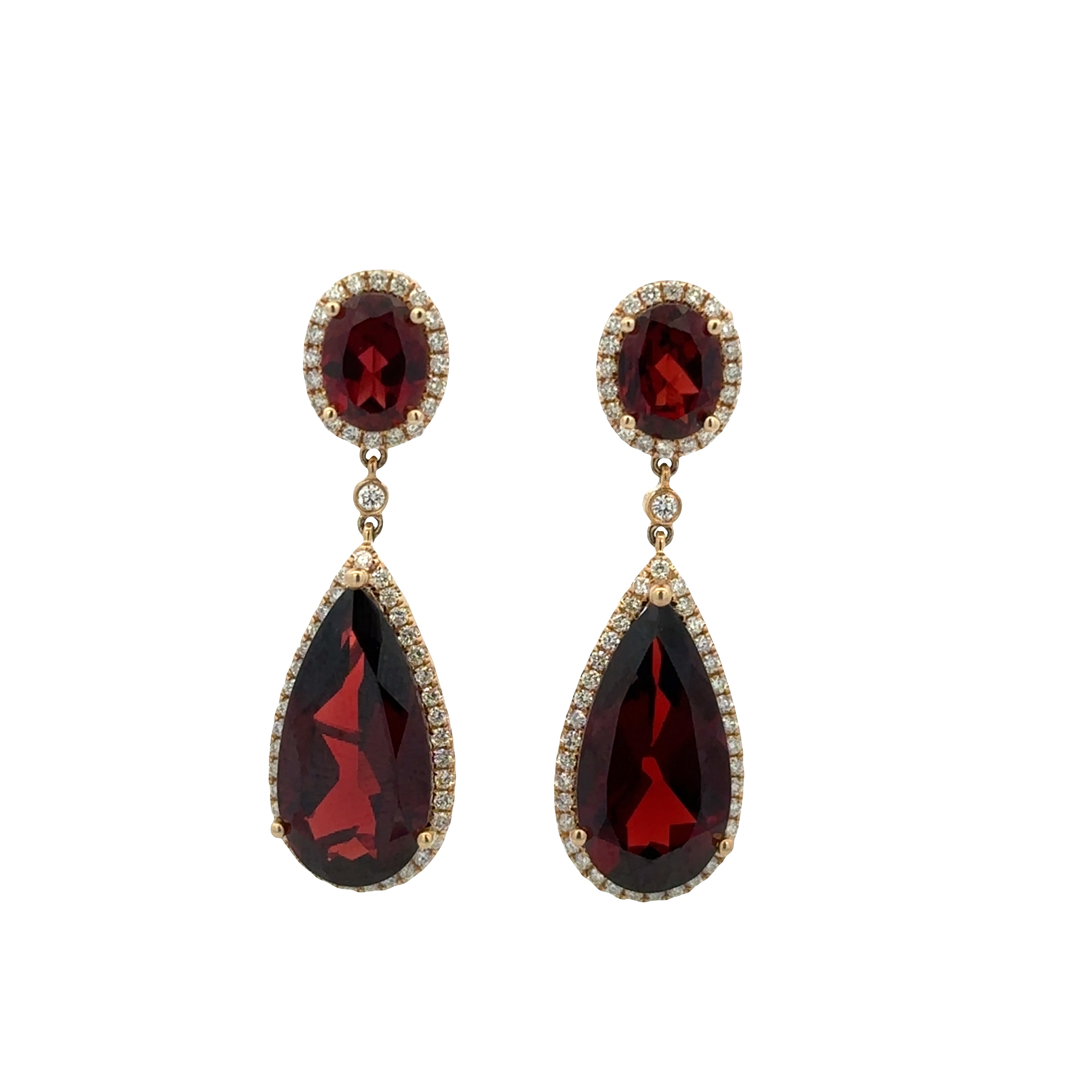14k Yellow Gold Garnet & Diamond Dangle Earrings – 1 3/8" Tall
