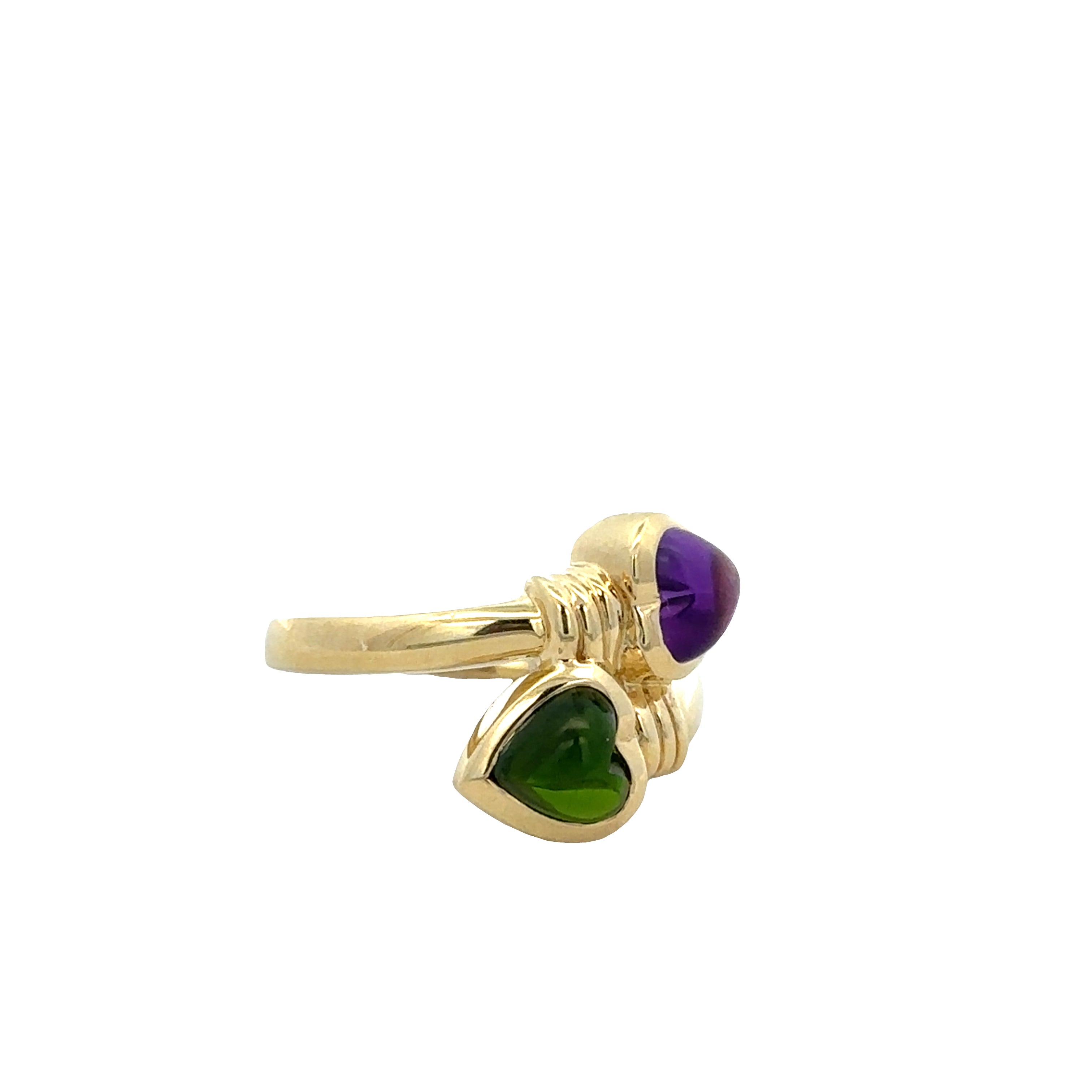 18k Yellow Gold Bypass Ring with Amethyst and Green Tourmaline Heart Cabochons