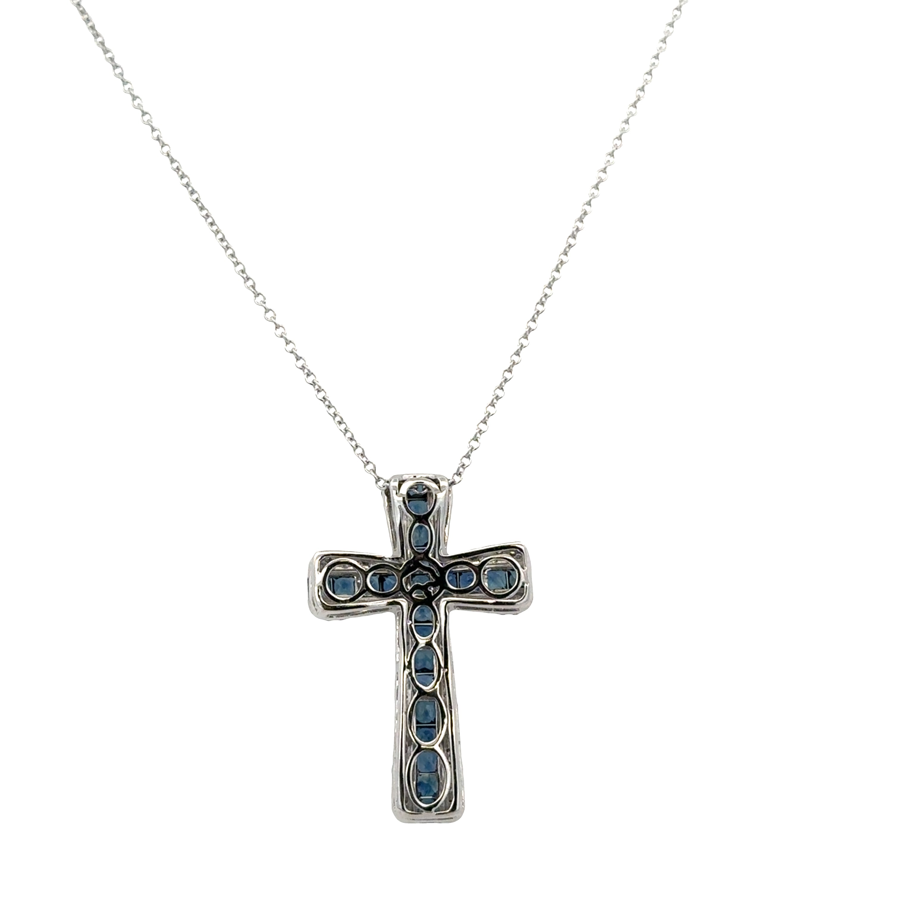 14k White Gold Sapphire & Diamond Cross Pendant Necklace – Adjustable 18"