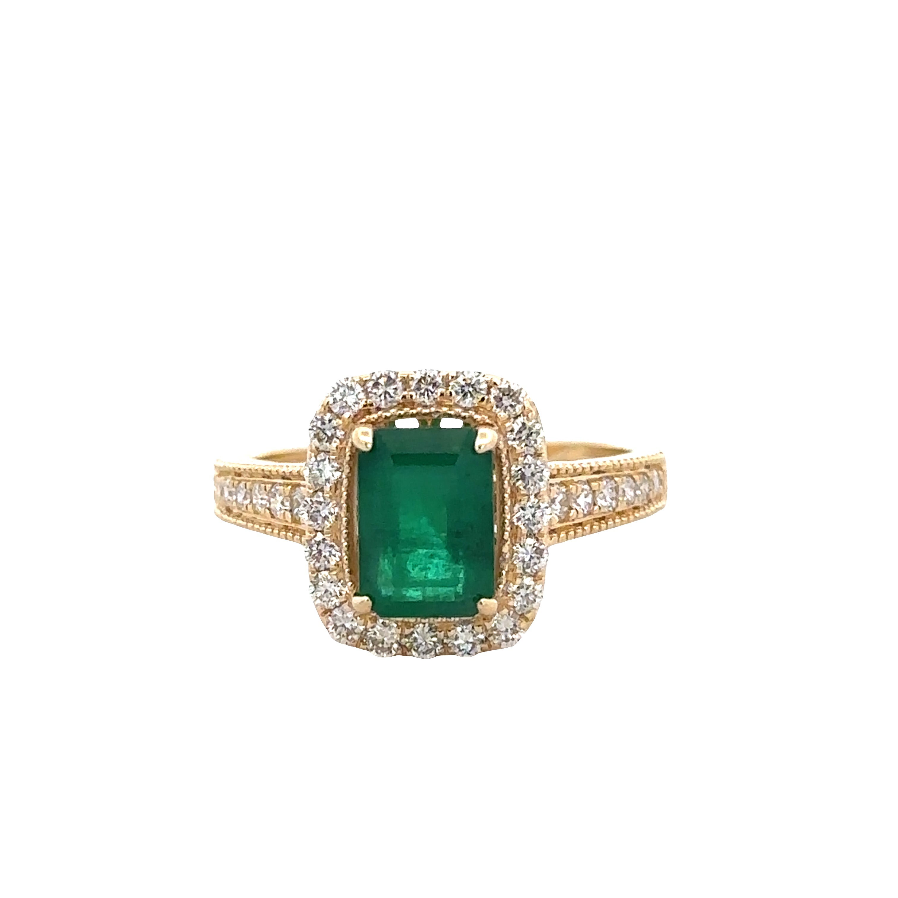 14k Yellow Gold Emerald & Diamond Halo Ring