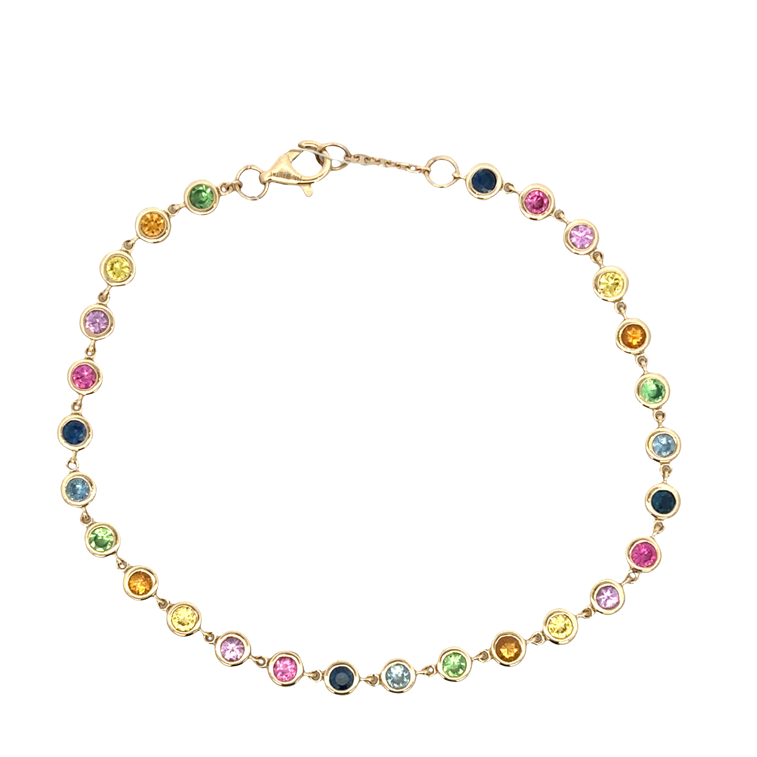 14k Yellow Gold Multicolored Sapphire Bezel Set Bracelet – 1.55 Carats, 7" Long