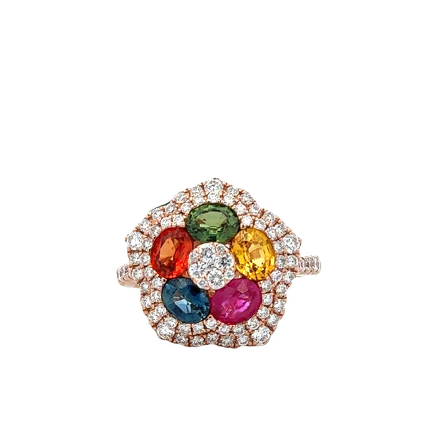 Multicolored Sapphire and Diamond Flower Cluster Ring in 18k Rose Gold