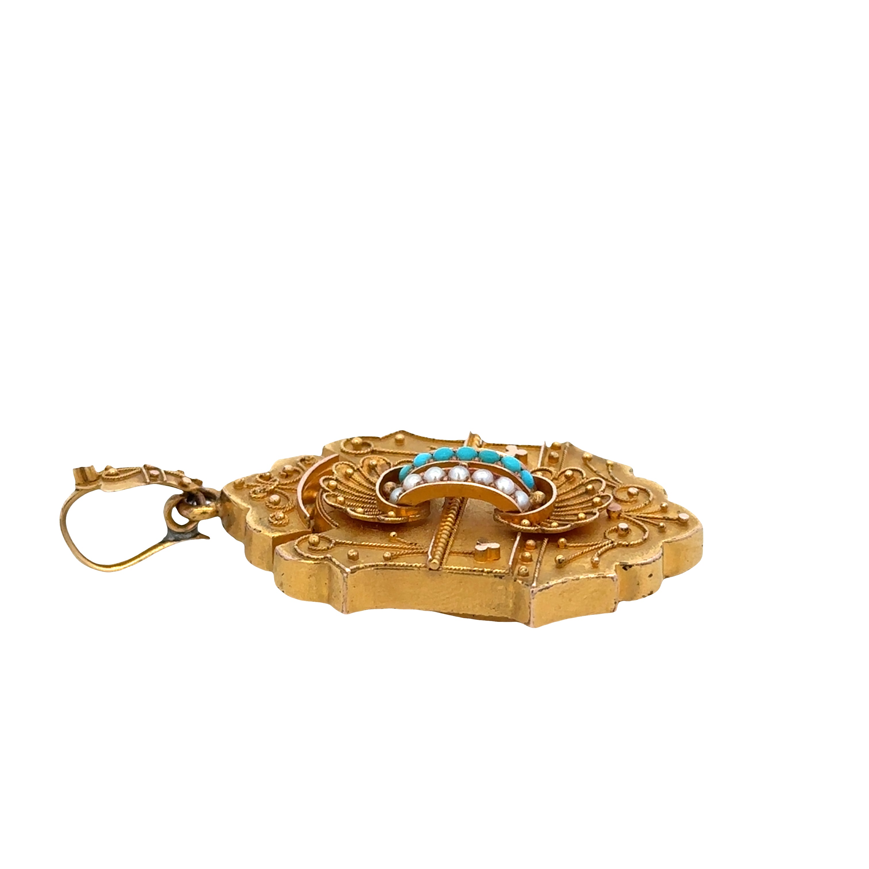 Antique Victorian 14K Yellow Gold Memento Pendant with Seed Pearls, Turquoise & Hair Memento – Shield Design, Circa 19th Century