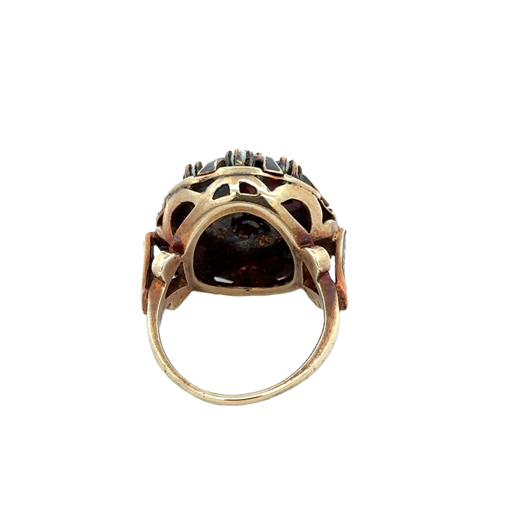 Antique Victorian Domed Opal and Diamond Ring with Black Enamel