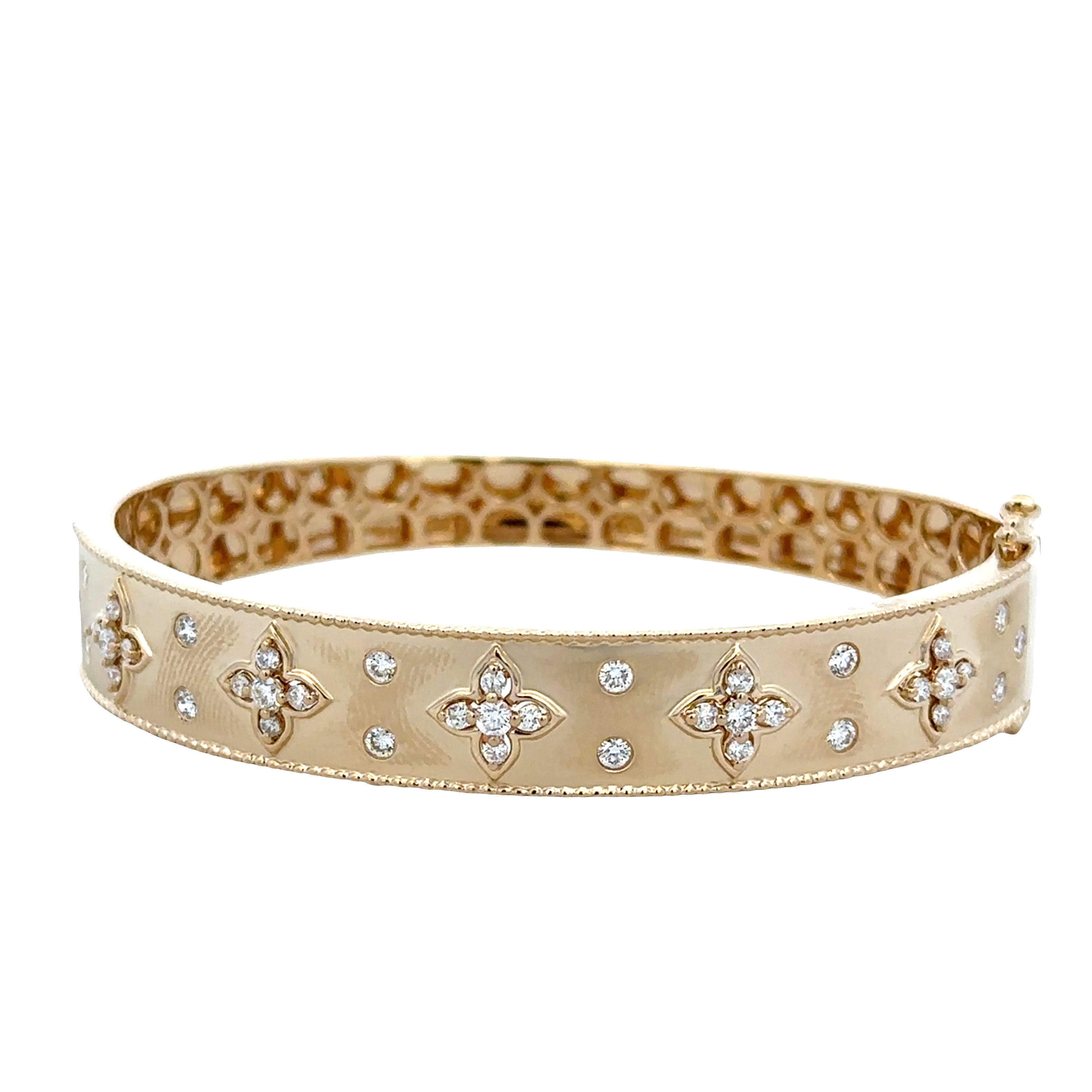 Substantial 14k Yellow Gold Diamond Quatrefoil Bangle Bracelet