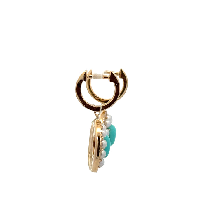 Turquoise, Pearl, and Diamond Earrings in Yellow Gold