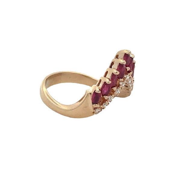 Ruby and Diamond Chevron Style Ring in Yellow Gold Size 8.5