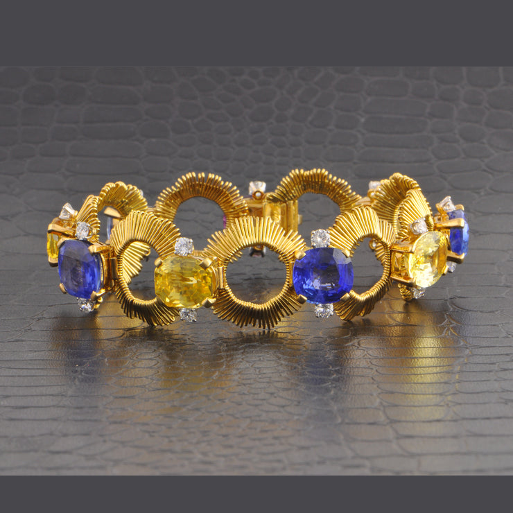 Vintage Gubelin 1960s Multicolored Sapphire and Diamond Bracelet in 18k Yellow Gold and Palladium