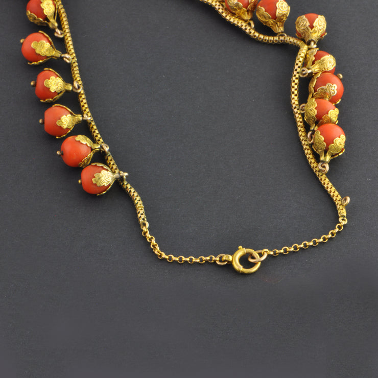 Antique 16" Foliate Style Coral Bead Necklace in Yellow Gold