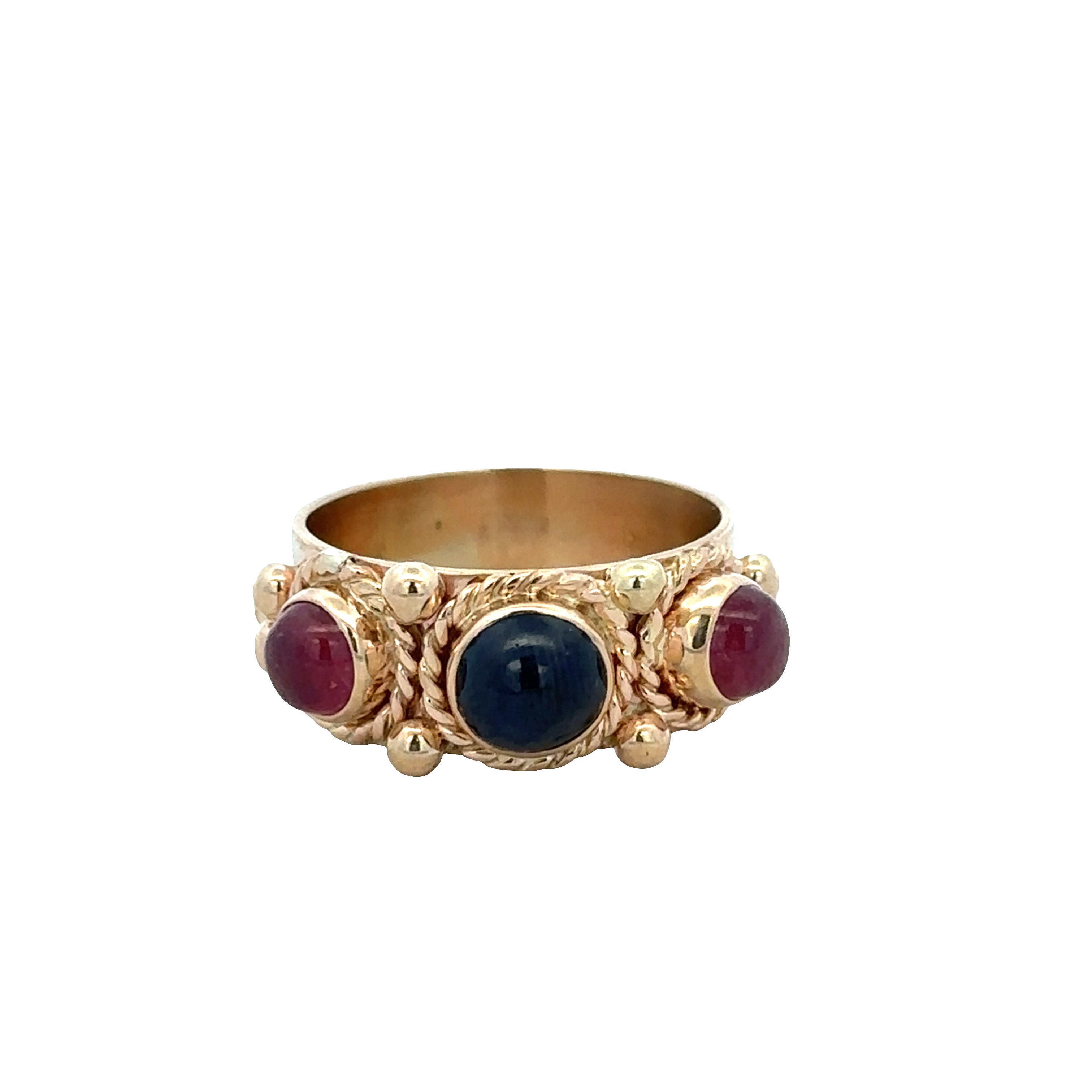 14k Yellow Gold Sapphire & Ruby Cabochon Band Ring – Size 6.5