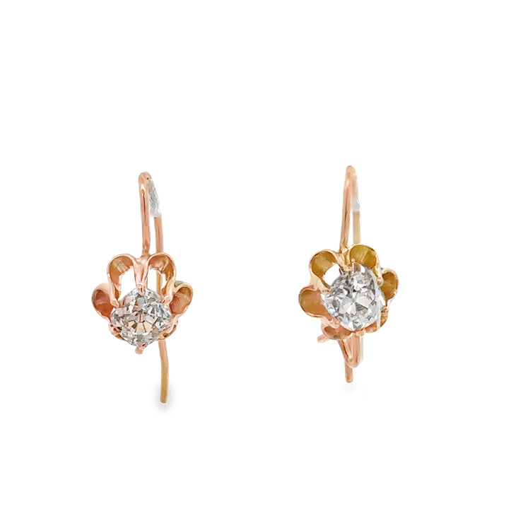 Antique Old Mine Cut Diamond Buttercup Earrings in Yellow Gold