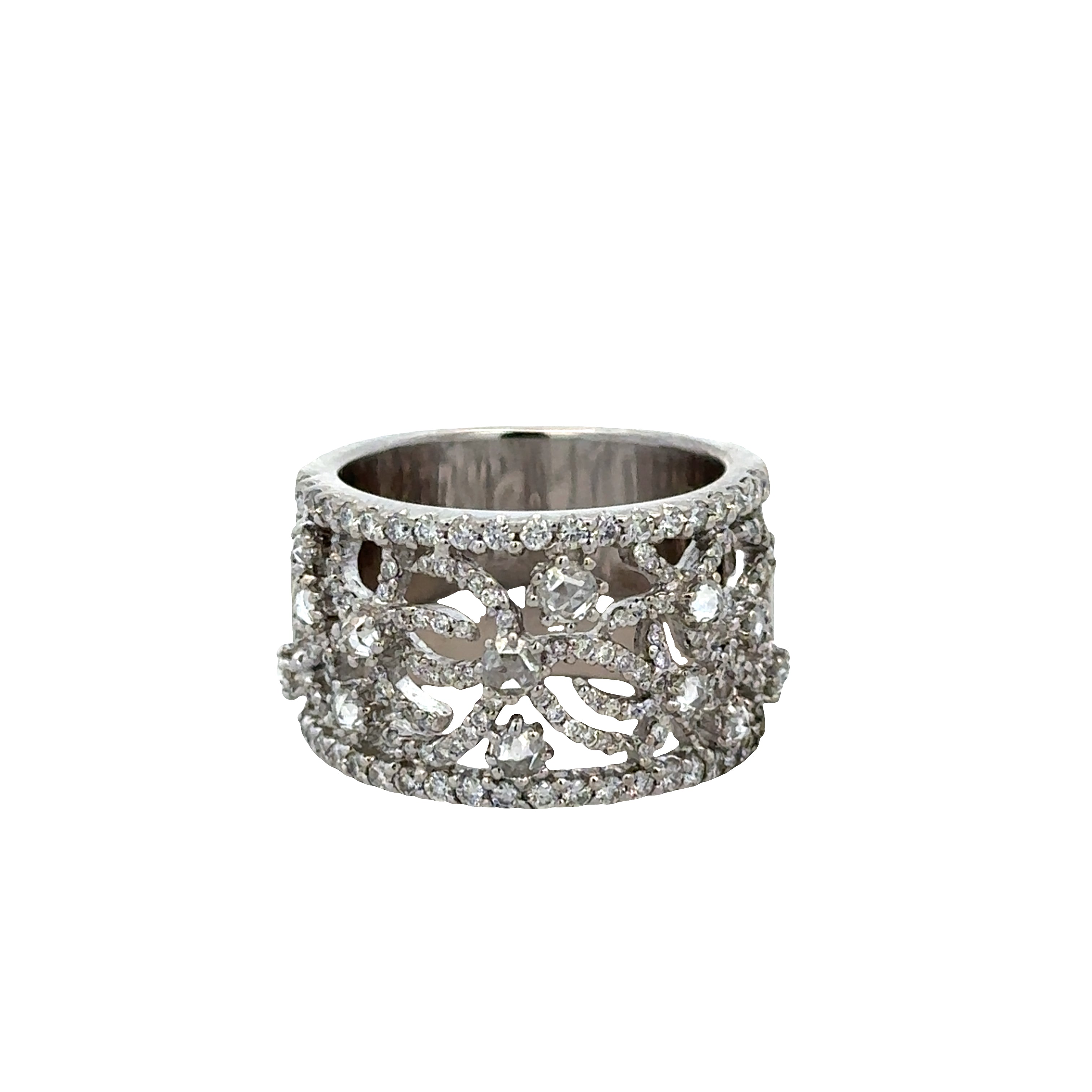 18k White Gold Openwork Rose-Cut & Round Diamond Band – Size 8