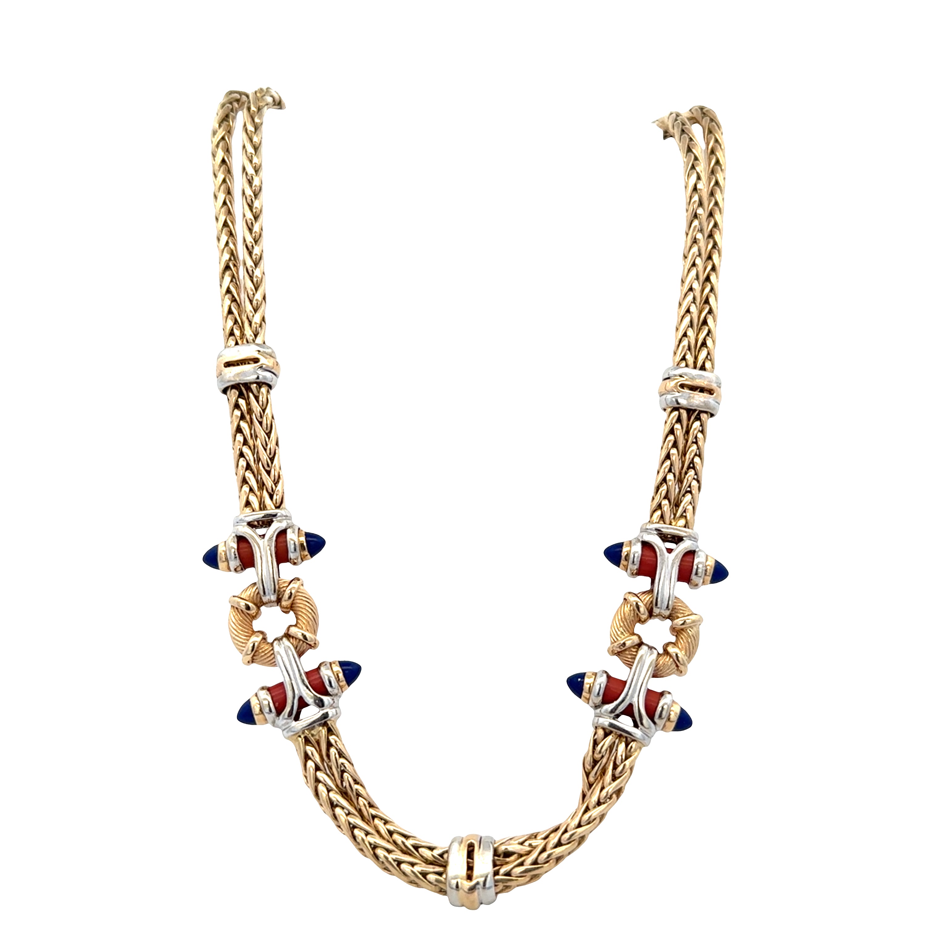 14k Yellow Gold Lapis & Coral Double Strand Foxtail Statement Necklace – 17"