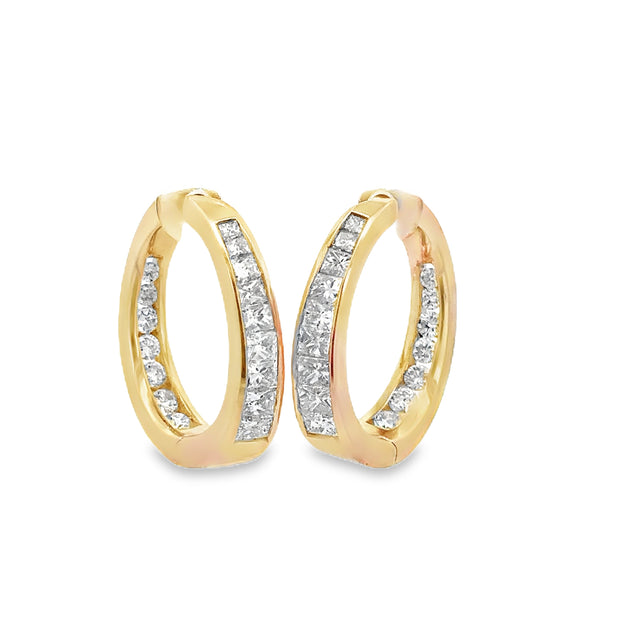 Princess and Round Brilliant Cut Hoop Earrings in Yellow Gold