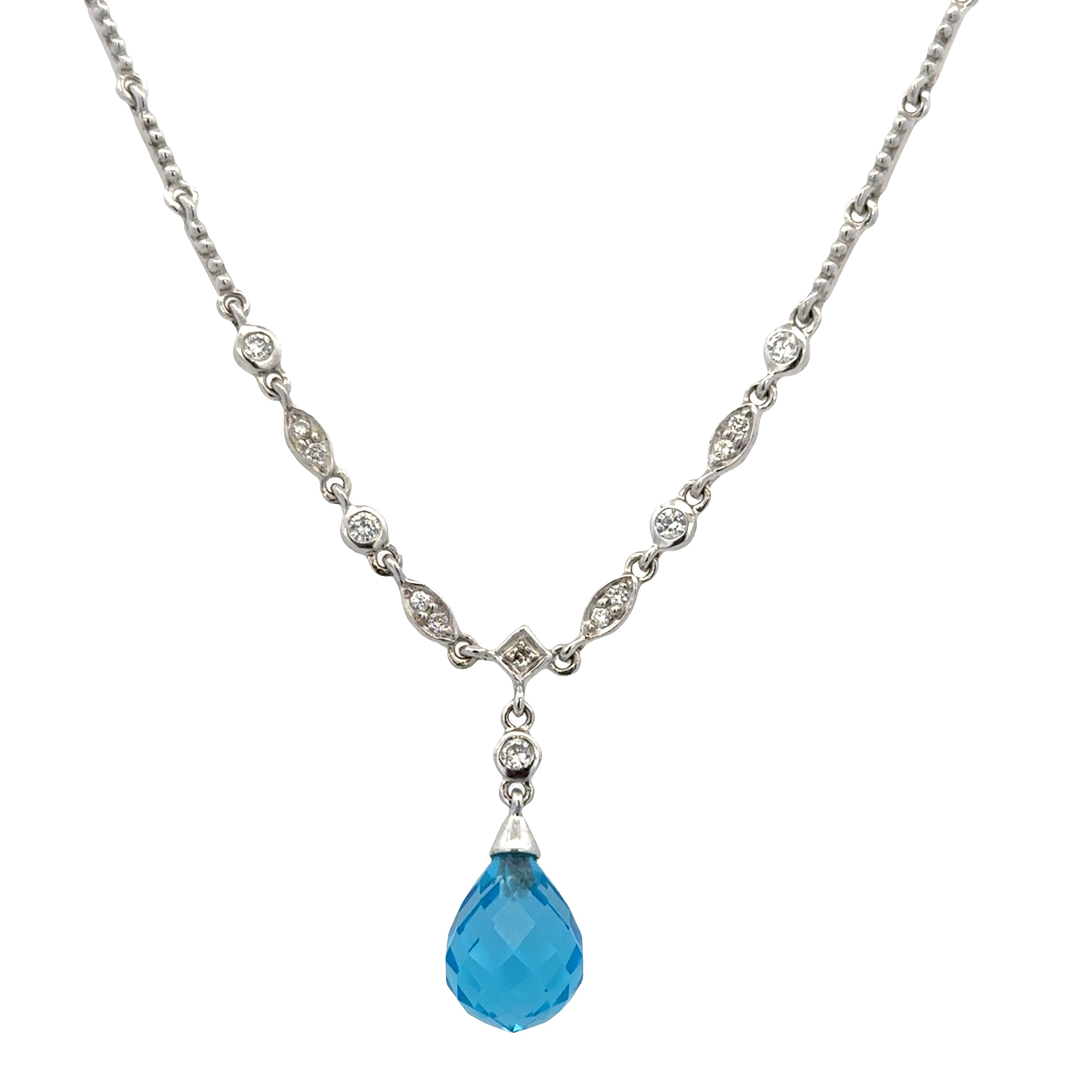 18k White Gold Blue Topaz & Diamond Lavalier Necklace – 16"