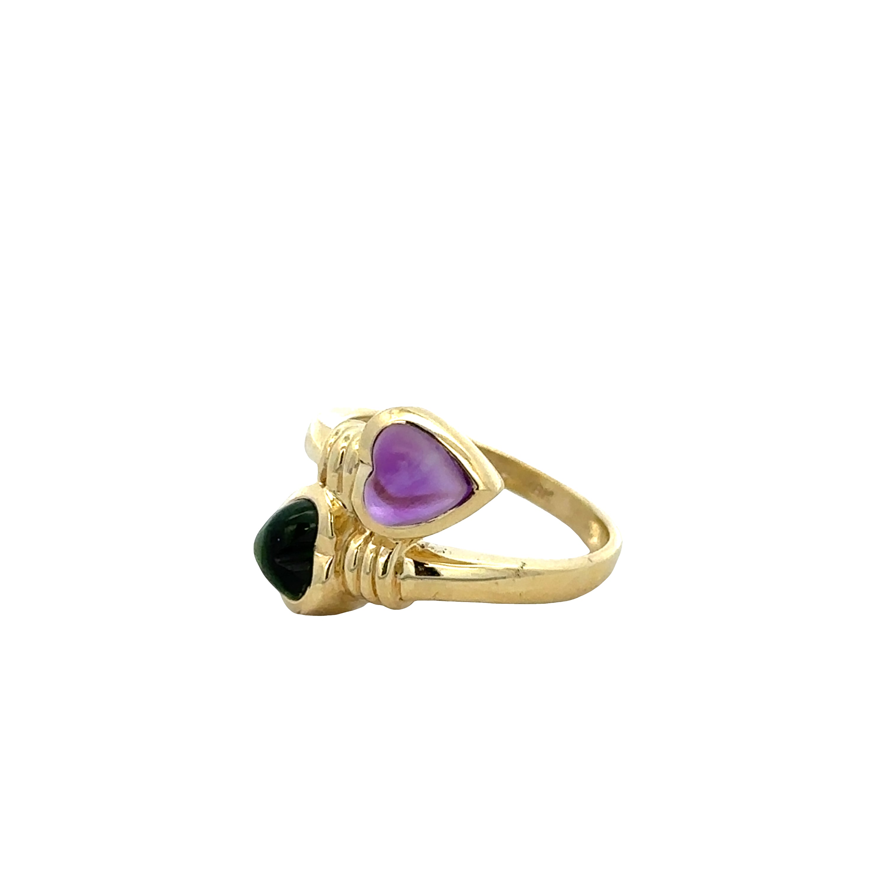 18k Yellow Gold Bypass Ring with Amethyst and Green Tourmaline Heart Cabochons