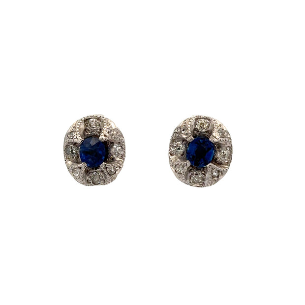 Antique Sapphire and Diamond Stud Earrings in 18k White Gold