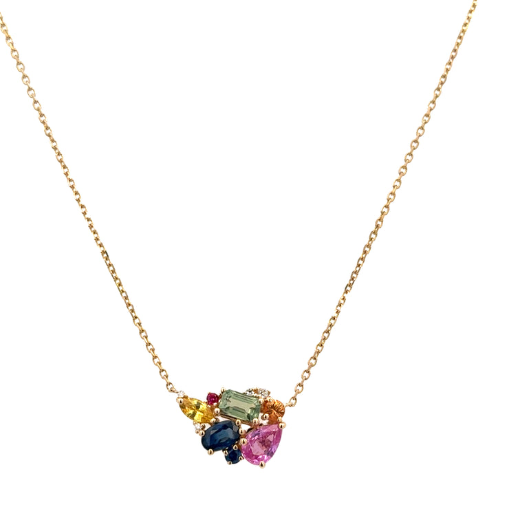 Multicolored Sapphire an Diamond Necklace in Yellow Gold