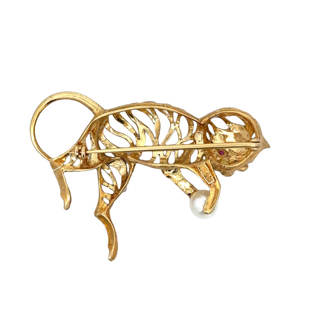 Vintage 18k Yellow Gold Cat Pearl Brooch