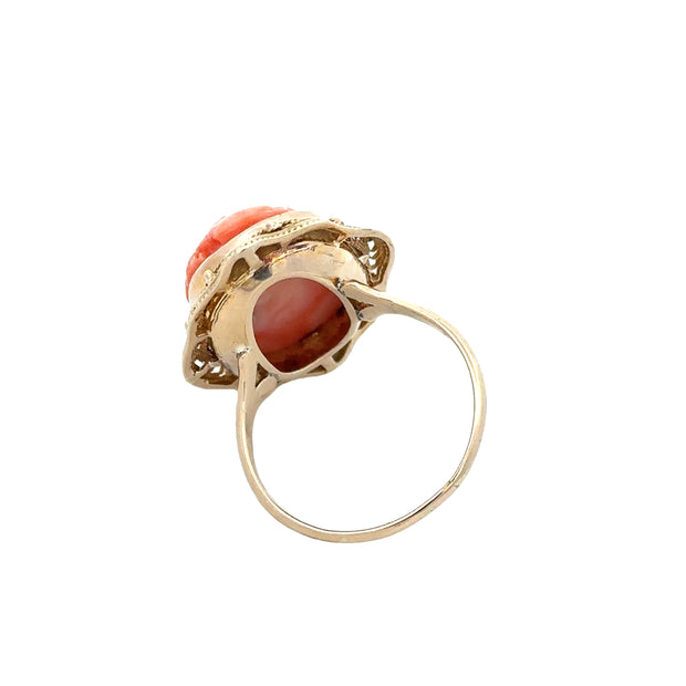 Vintage Coral Cameo Ring in 10k Yellow Gold Size 9.5