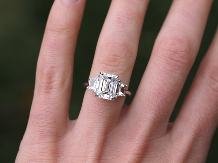 Exceptional 3.81 ct. F-VS2 Emerald Cut Diamond Three Stone Engagement Ring in Platinum